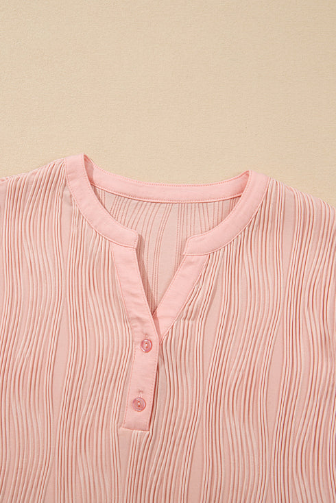Modern Solid Wavy Textured Button V Neck Tee
