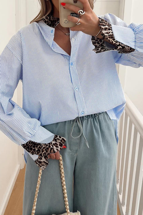 Modern Stripe Leopard Patchwork Long Sleeve Button Down Shirt