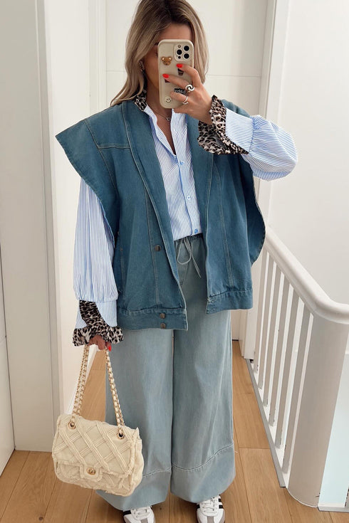Modern Stripe Leopard Patchwork Long Sleeve Button Down Shirt