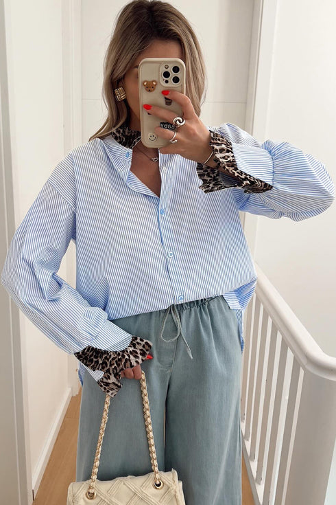 Modern Stripe Leopard Patchwork Long Sleeve Button Down Shirt