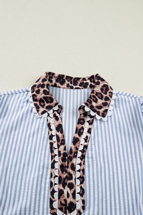 Modern Stripe Leopard Patchwork Puff Sleeve Blouse