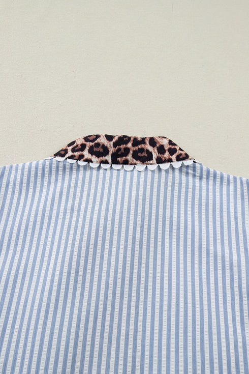 Modern Stripe Leopard Patchwork Puff Sleeve Blouse