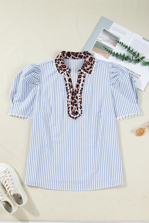 Modern Stripe Leopard Patchwork Puff Sleeve Blouse