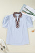 Modern Stripe Leopard Patchwork Puff Sleeve Blouse
