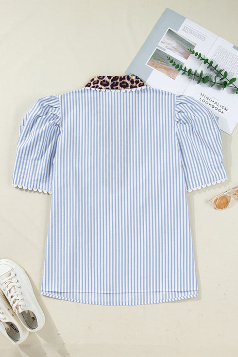 Modern Stripe Leopard Patchwork Puff Sleeve Blouse