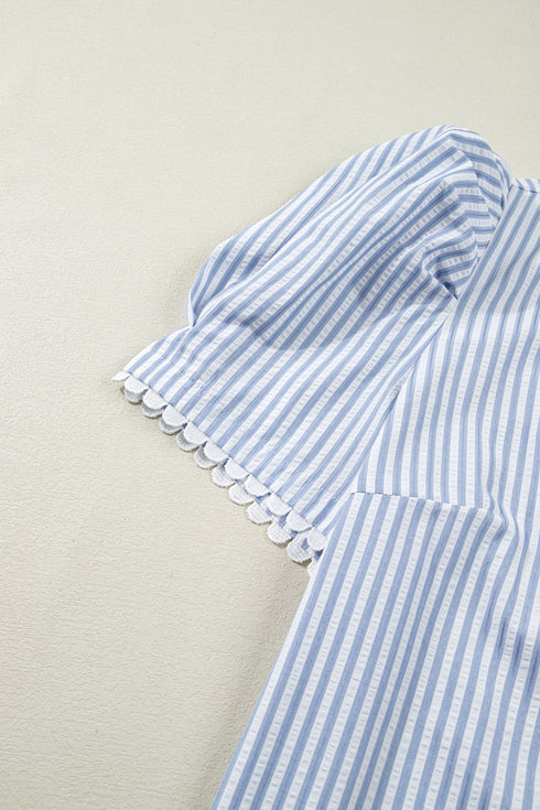 Modern Stripe Leopard Patchwork Puff Sleeve Blouse