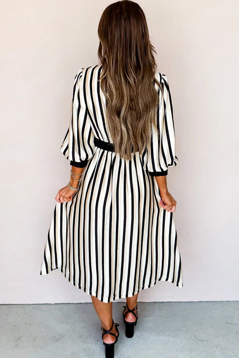 Modern Stripe Puff Sleeve Button Down Midi Dress