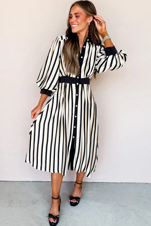 Modern Stripe Puff Sleeve Button Down Midi Dress