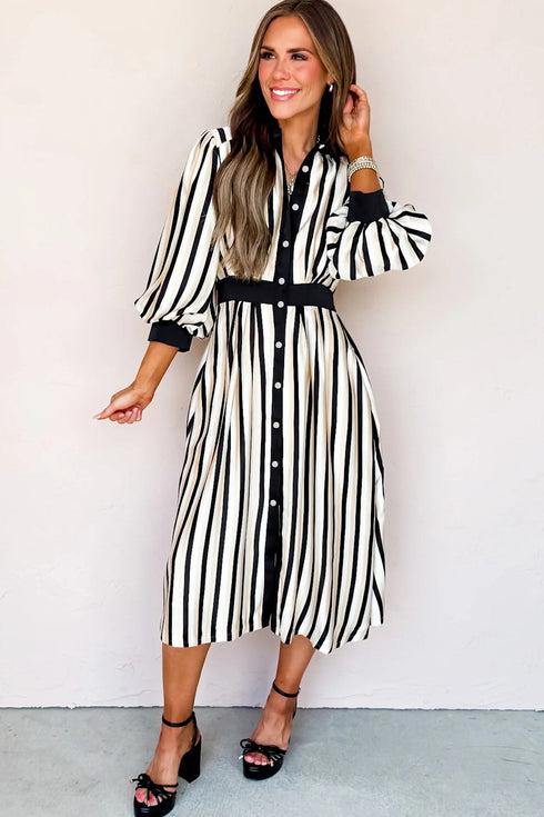 Modern Stripe Puff Sleeve Button Down Midi Dress