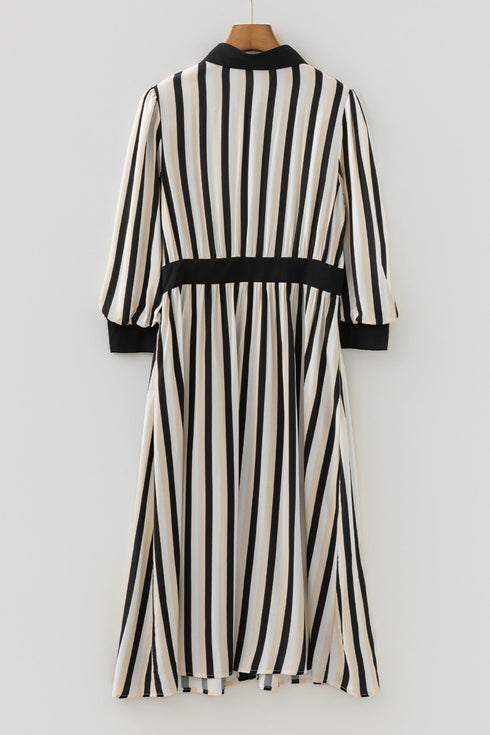 Modern Stripe Puff Sleeve Button Down Midi Dress