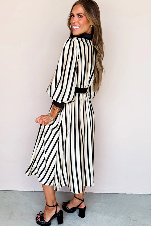 Modern Stripe Puff Sleeve Button Down Midi Dress