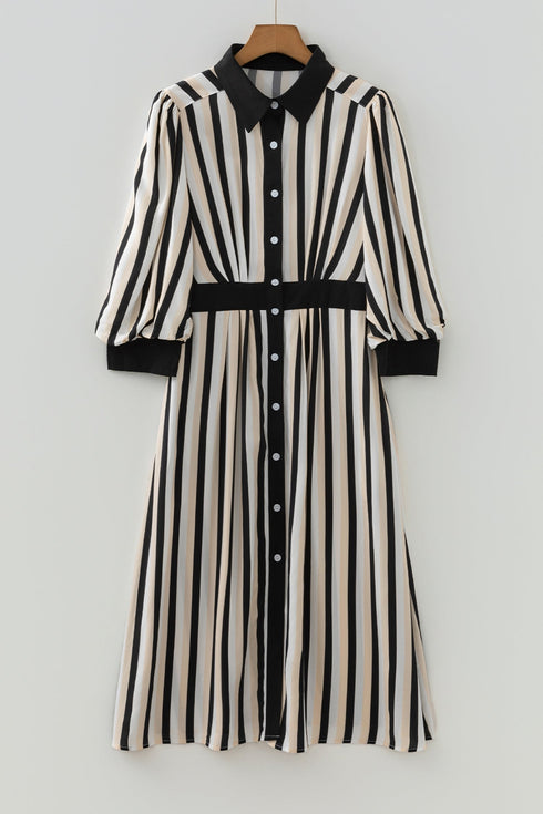 Modern Stripe Puff Sleeve Button Down Midi Dress