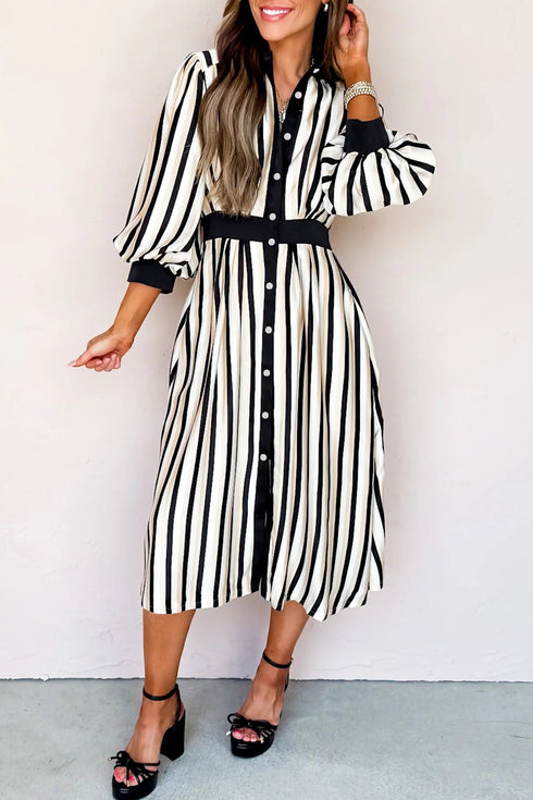 Modern Stripe Puff Sleeve Button Down Midi Dress