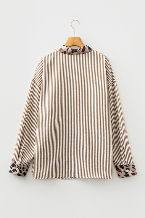 Modern Striped Leopard Patched Collared Long Sleeve Shirt