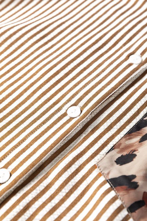 Modern Striped Leopard Patched Collared Long Sleeve Shirt