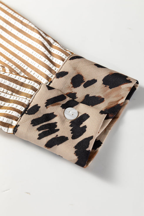 Modern Striped Leopard Patched Collared Long Sleeve Shirt