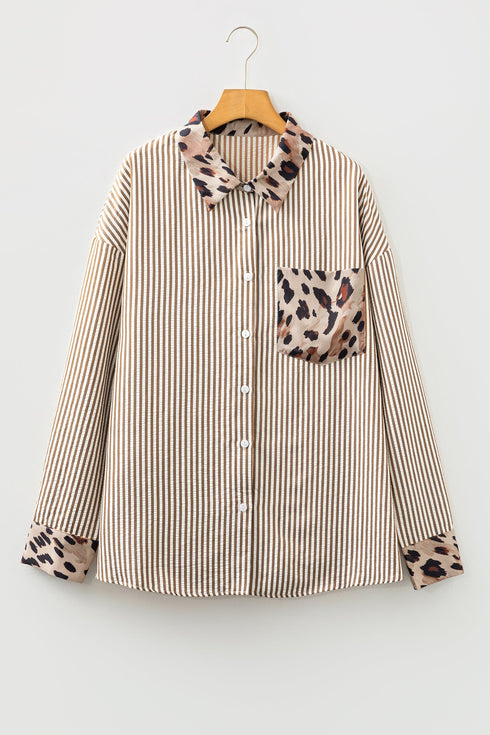 Modern Striped Leopard Patched Collared Long Sleeve Shirt