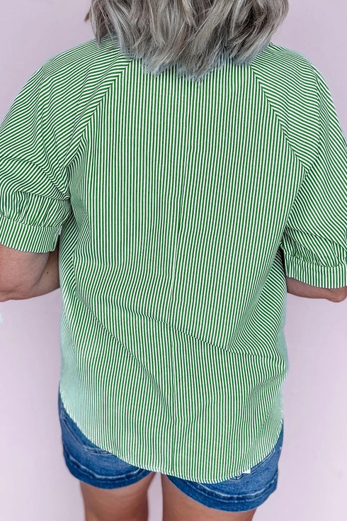 Modern Striped Print Collared Split Neck Half Sleeve Blouse
