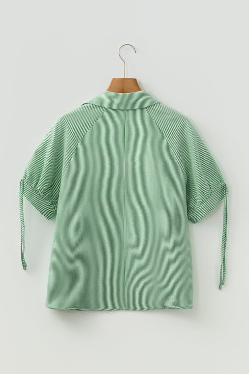 Modern Striped Print Collared Split Neck Half Sleeve Blouse