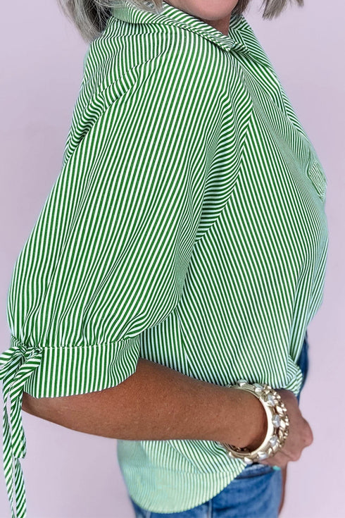 Modern Striped Print Collared Split Neck Half Sleeve Blouse