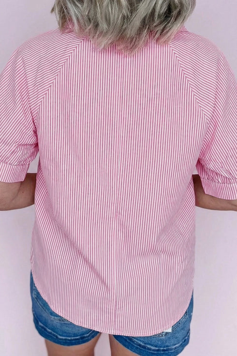 Modern Striped Print Collared Split Neck Half Sleeve Blouse