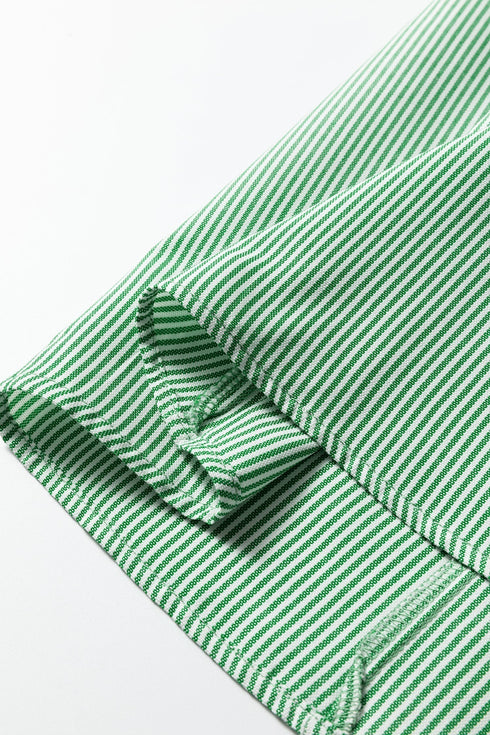 Modern Striped Print Collared Split Neck Half Sleeve Blouse
