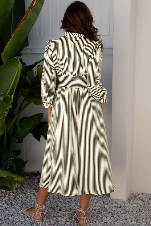 Modern Striped Zip Front Cinched High Waist Midi Dress