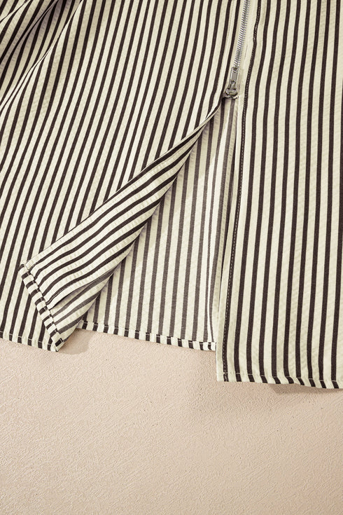 Modern Striped Zip Front Cinched High Waist Midi Dress