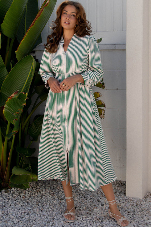 Modern Striped Zip Front Cinched High Waist Midi Dress