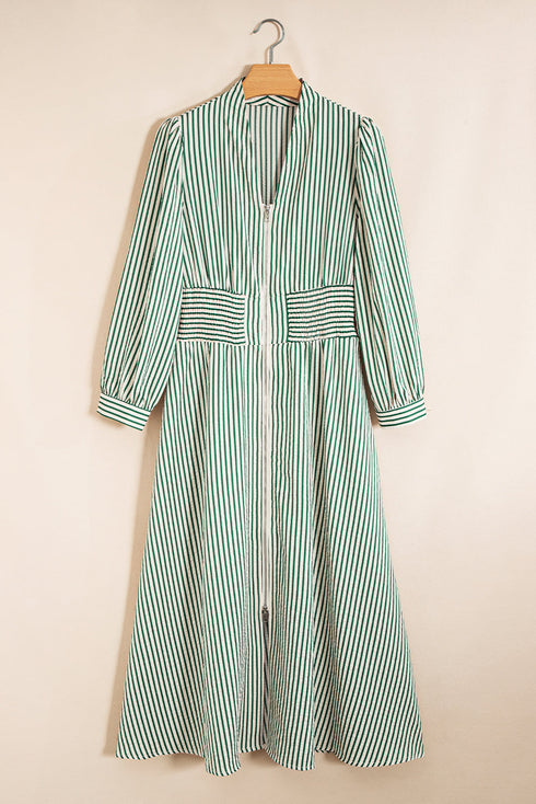 Modern Striped Zip Front Cinched High Waist Midi Dress