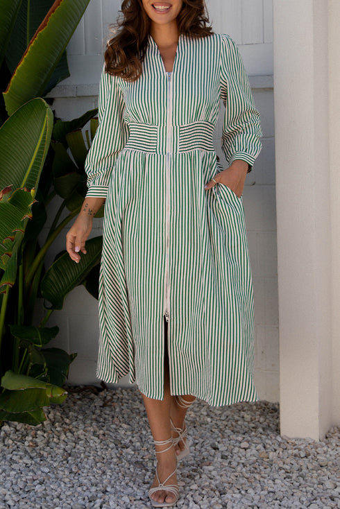 Modern Striped Zip Front Cinched High Waist Midi Dress
