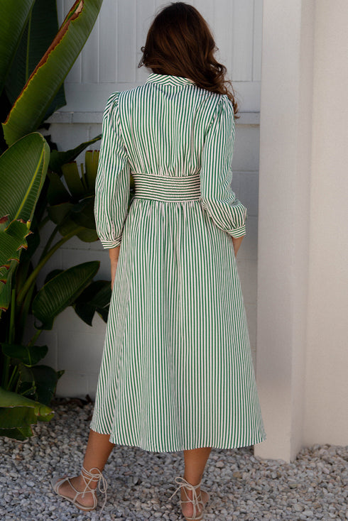 Modern Striped Zip Front Cinched High Waist Midi Dress