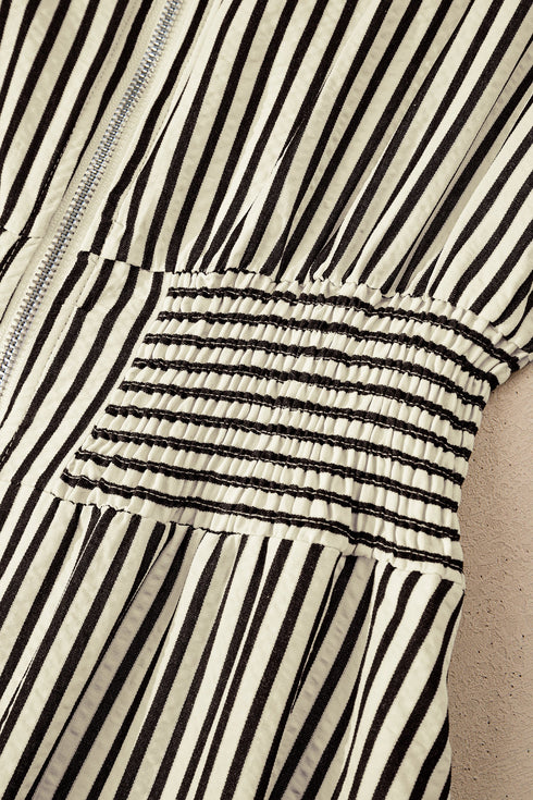 Modern Striped Zip Front Cinched High Waist Midi Dress