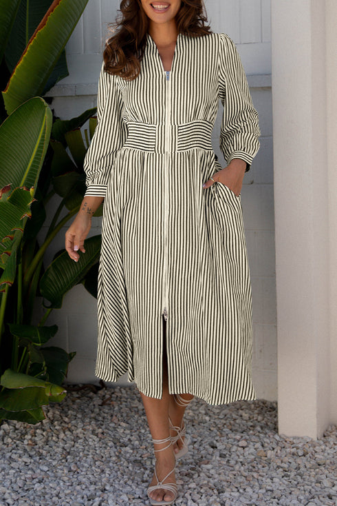 Modern Striped Zip Front Cinched High Waist Midi Dress