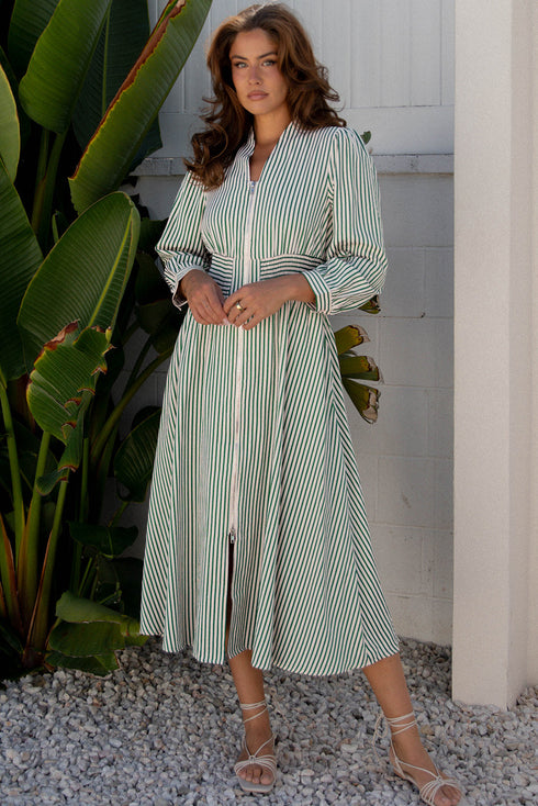 Modern Striped Zip Front Cinched High Waist Midi Dress