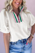 Modern Textured Contrast Striped Collar Half Sleeve Casual Blouse Top