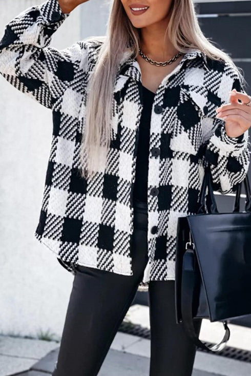 Modern Textured Plaid Print Flap Pocket Shacket