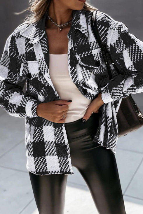 Modern Textured Plaid Print Flap Pocket Shacket