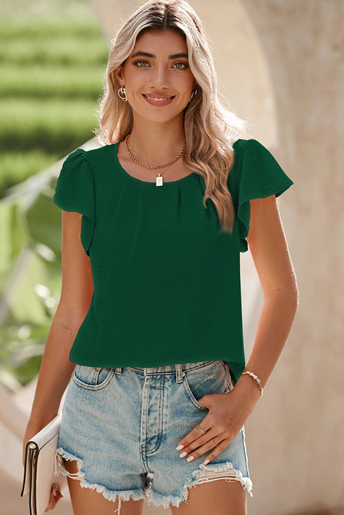 Modern Textured Pleated Flounce Sleeve Round Neck Blouse