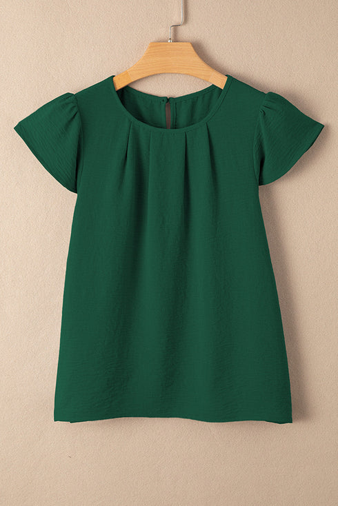Modern Textured Pleated Flounce Sleeve Round Neck Blouse