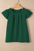 Modern Textured Pleated Flounce Sleeve Round Neck Blouse