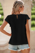 Modern Textured Pleated Flounce Sleeve Round Neck Blouse