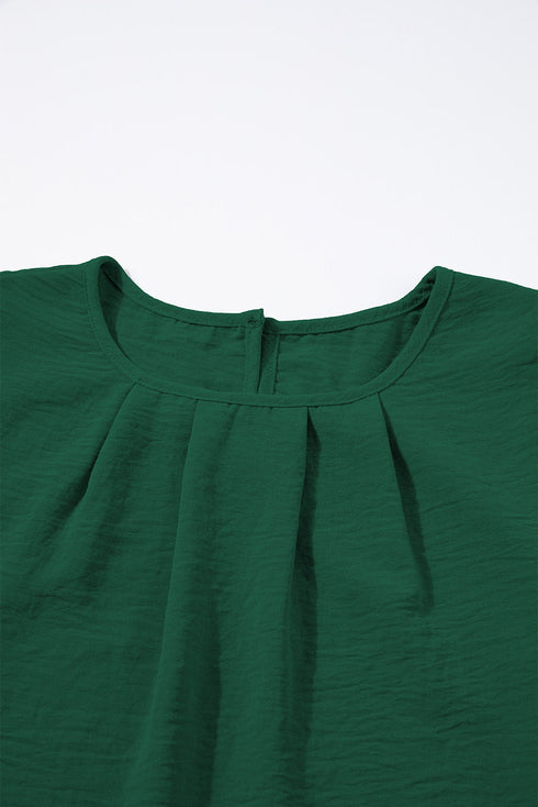 Modern Textured Pleated Flounce Sleeve Round Neck Blouse