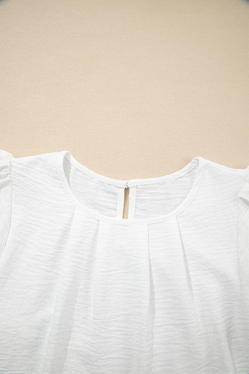 Modern Textured Pleated Flounce Sleeve Round Neck Blouse