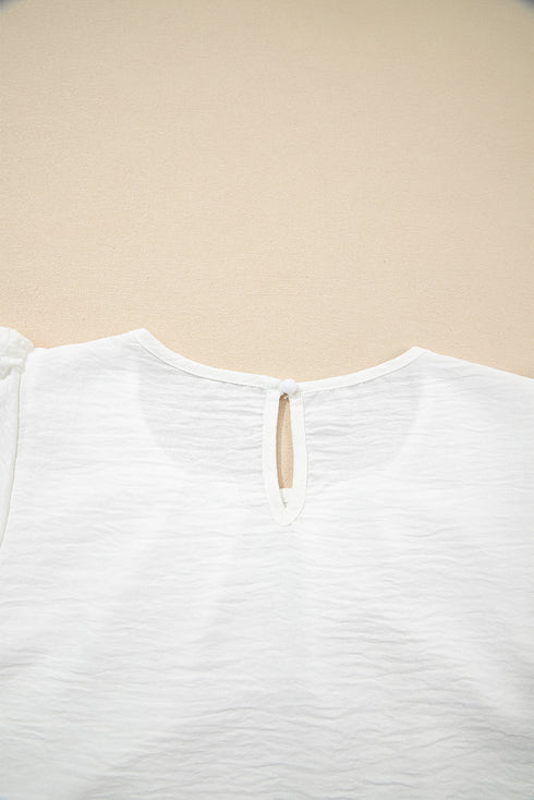 Modern Textured Pleated Flounce Sleeve Round Neck Blouse