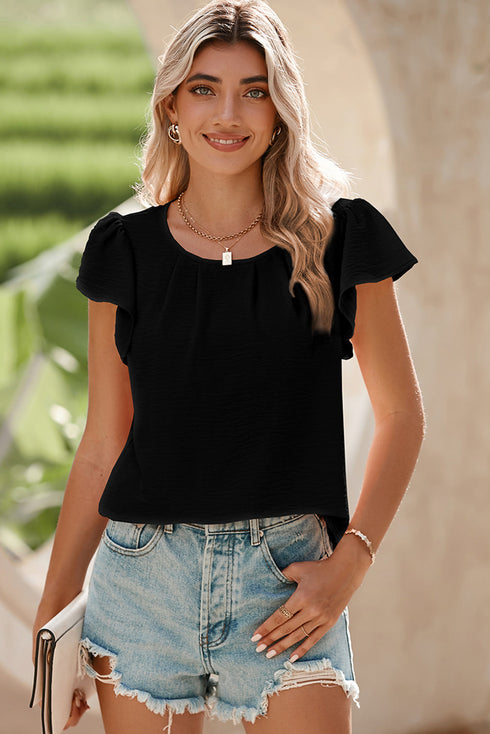 Modern Textured Pleated Flounce Sleeve Round Neck Blouse