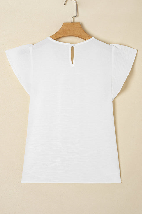 Modern Textured Pleated Flounce Sleeve Round Neck Blouse