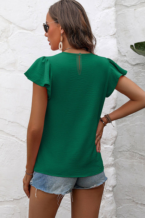 Modern Textured Pleated Flounce Sleeve Round Neck Blouse