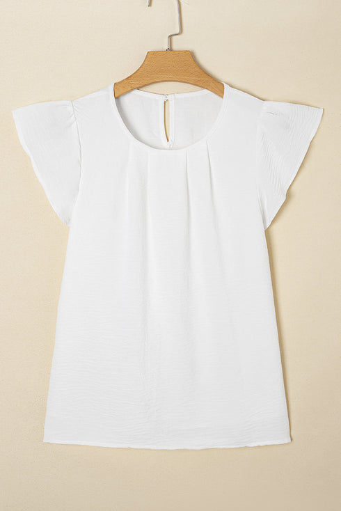 Modern Textured Pleated Flounce Sleeve Round Neck Blouse