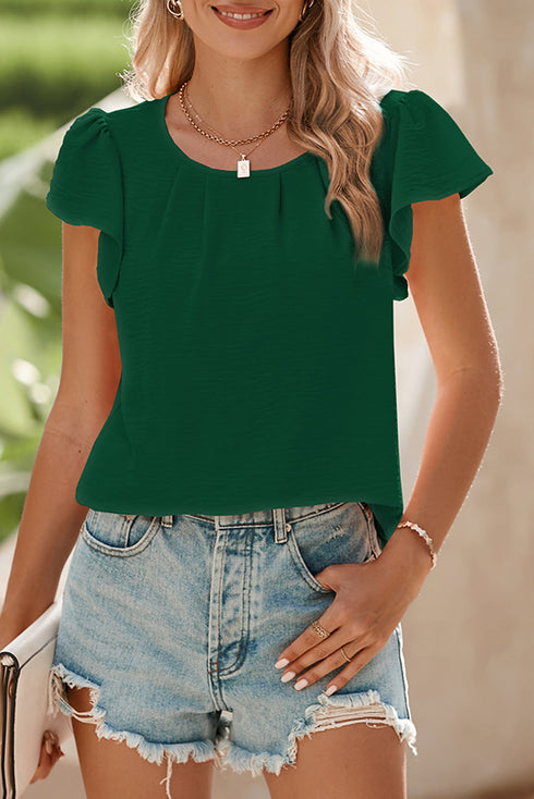 Modern Textured Pleated Flounce Sleeve Round Neck Blouse